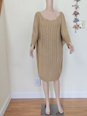 New York & Company Camel Off-the-Shoulder Cable-Knit Sweater Dress